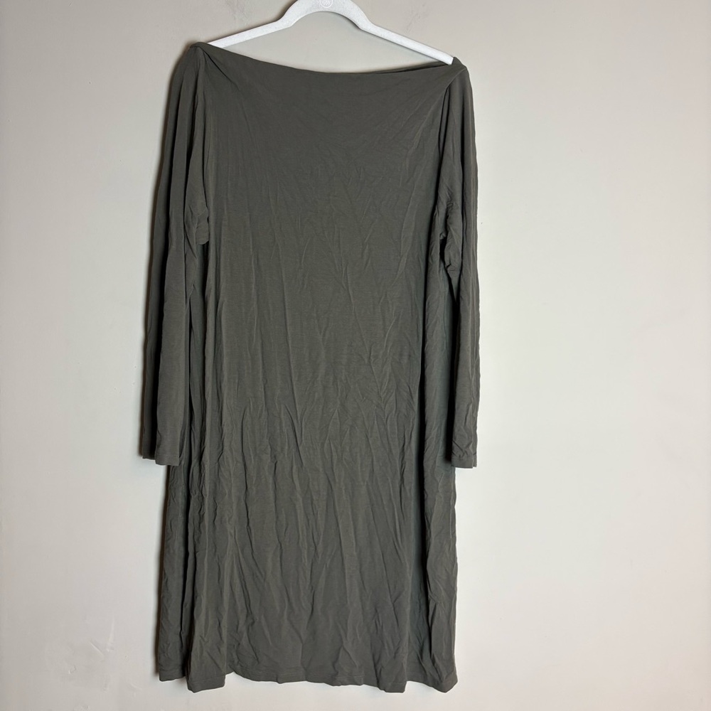 Eileen Fisher Viscose Jersey Dress Long Sleeves Olive Green Boat Neck Sz XL/TG